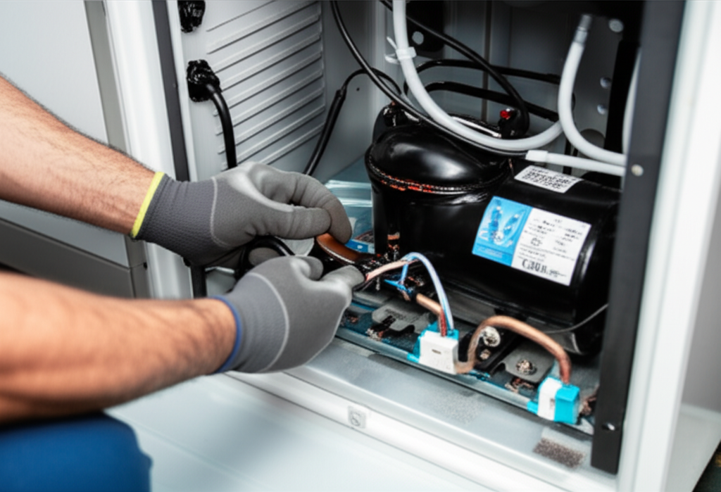 Expert technician replacing parts in appliance