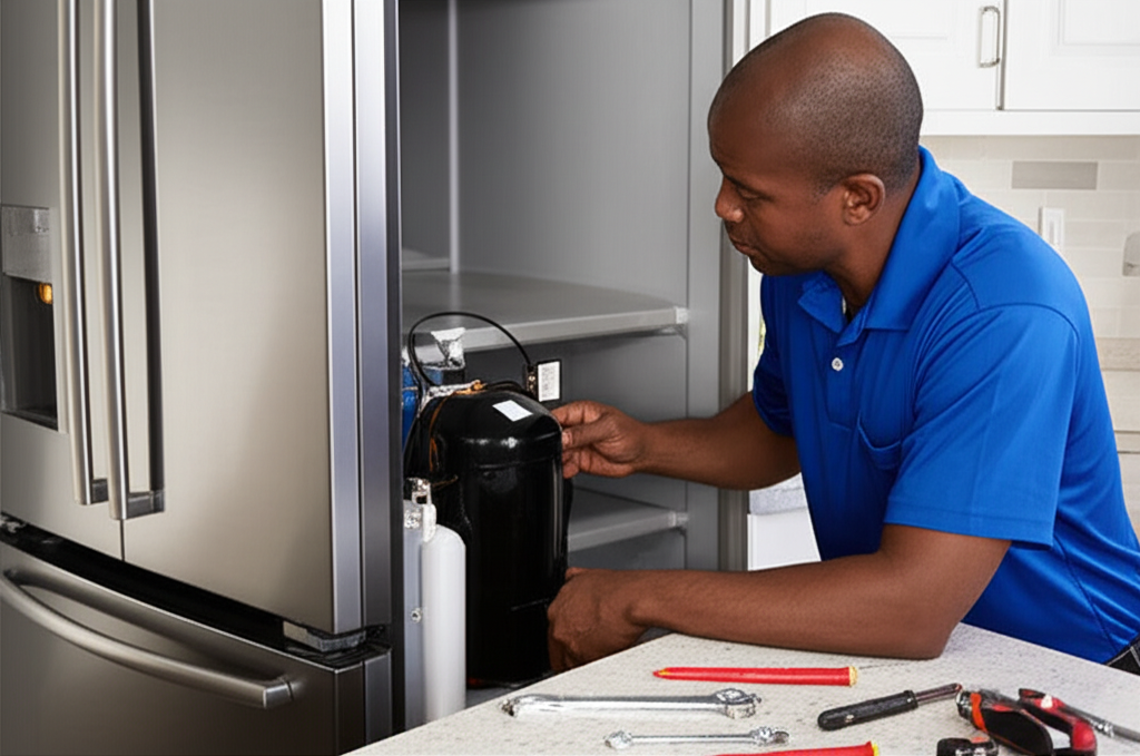 Professional technician repairing freezer